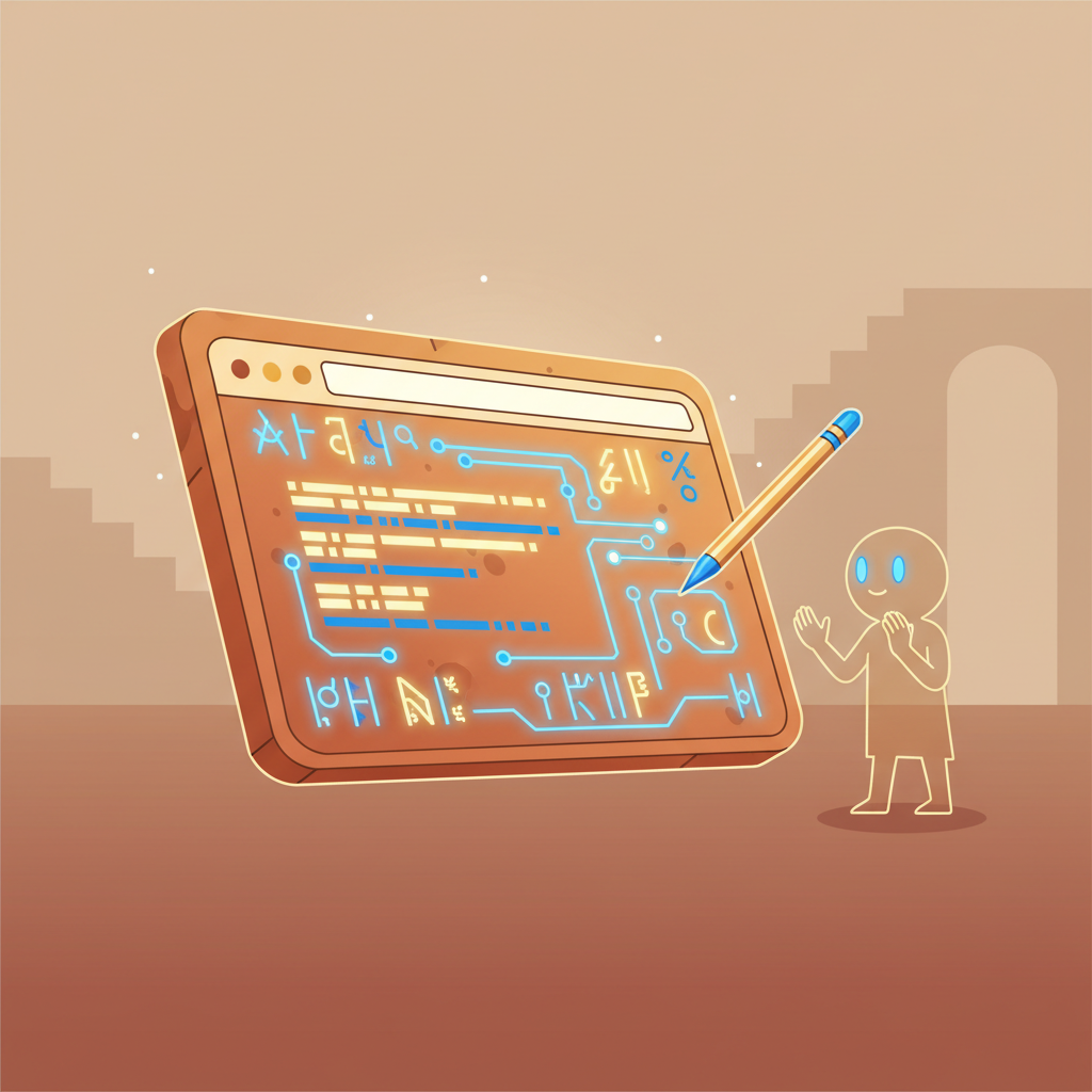 A glowing clay tablet browser window watched by a small mythic scribe spirit.