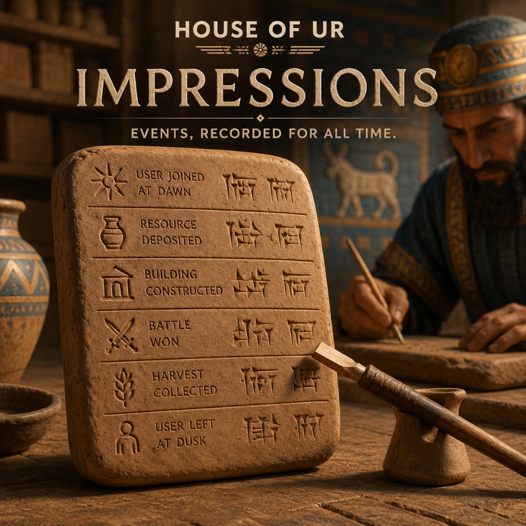 A clay tablet listing house events in cuneiform beside a scribe in an archive, under the title Impressions — events, recorded for all time.
