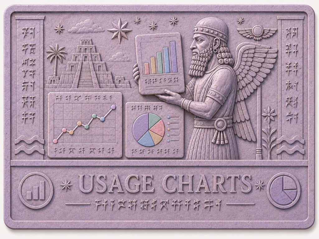 A stone relief of a winged scribe holding clay tablets carved with bar, line, and pie charts, flanked by cuneiform pillars and a ziggurat, titled Usage Charts.